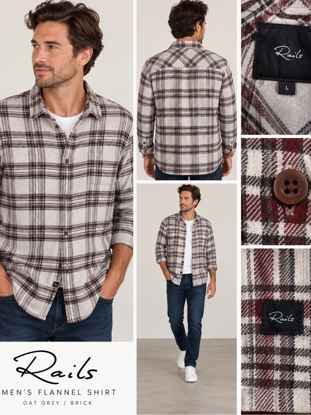 Rails Sussex Oat Grey Brick Plaid Flannel Button Down Shirt Men’s L
